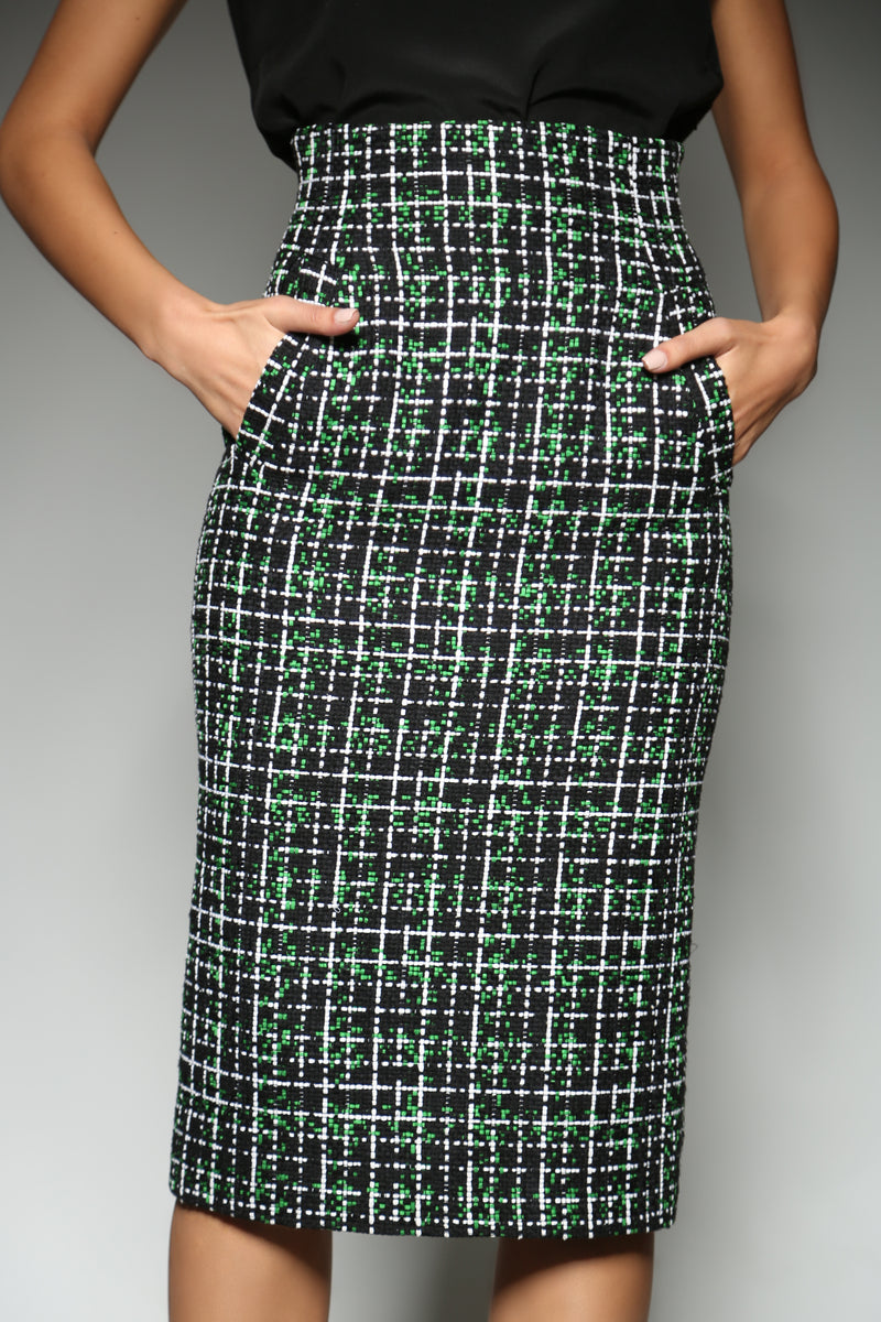 Green Tweed Pencil Skirt with broad welt pockets