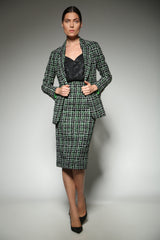 Green Tweed Pencil Skirt with broad welt pockets