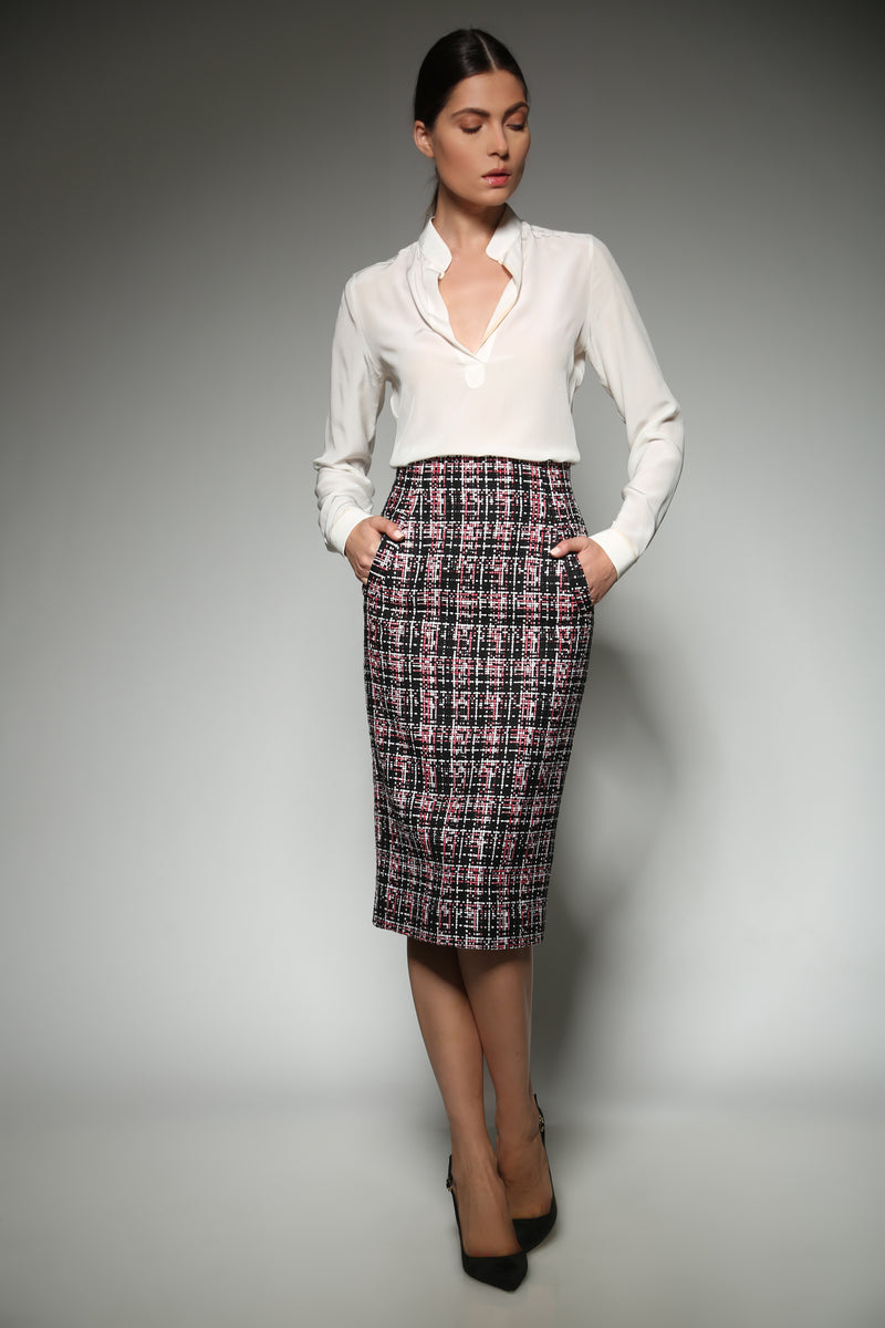 Pink Tweed Pencil Skirt with broad welt pockets